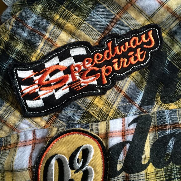 Harley Davidson Womens Speedway Spirit Blouse Medium Plaid Pearl Snap Cap Sleeve - Picture 9 of 9